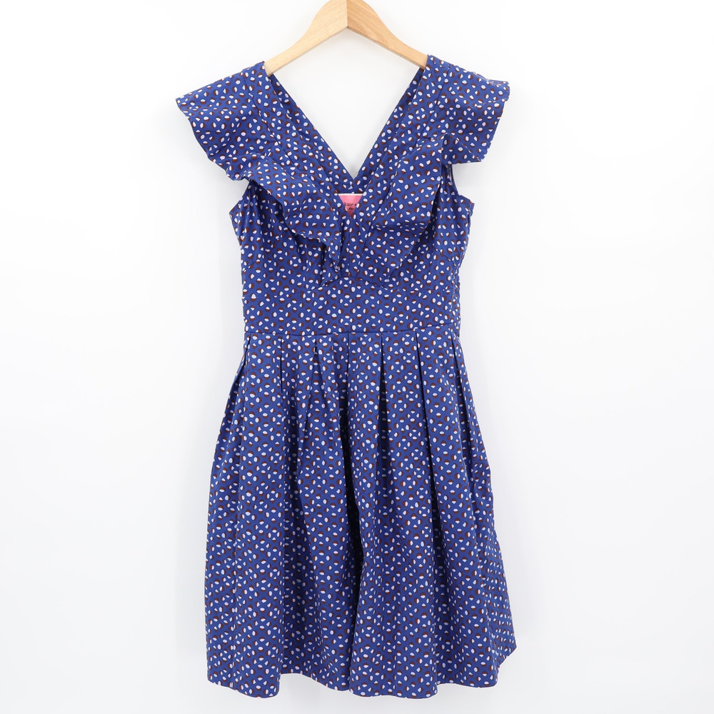 Kate Spade Sz 2 Fit & Flare Mini Dress Blue White Geo Dot Poplin Cotton Blend